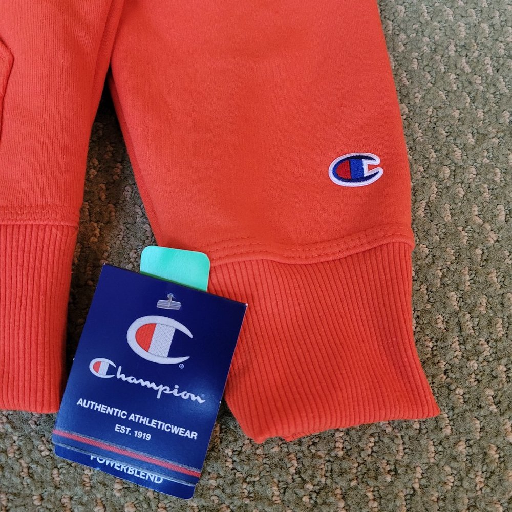 Champion Powerblend Fleece Camo Camouflage Orange Hoodie Sweatshirt Script Logo - Picture 8 of 15